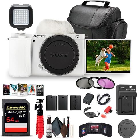 Sony ZV-E10 Mirrorless Camera (Body Only, White) (ILCZV-E10/W) + 64GB Memory Card + Photo Software + Bag + 2 x NPF-W50 Battery + External Charger + Card Reader + LED Light + More in Kuwait