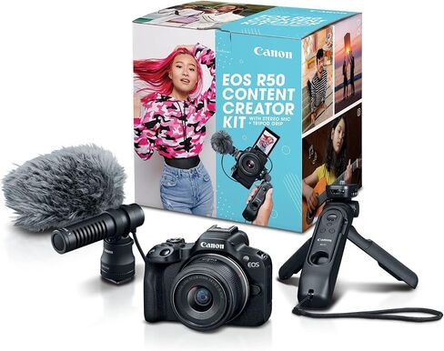 Canon EOS R50 Content Creator Kit, Hybrid Mirrorless (Black) (Renewed) | Wireless Remote Control, Microphone, RF-S18-45mm F4.5-6.3 IS STM Lens, Tripod Grip, Vlogging Camera in Kuwait