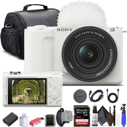 Sony Alpha ZV-E10 II Mirrorless Camera with 16-50mm Lens (White) - 64GB Memory Card, Bag, Card Reader, HDMI Cable, Flex Tripod, Hand Strap, Memory Wallet, Cleaning Kit in Kuwait