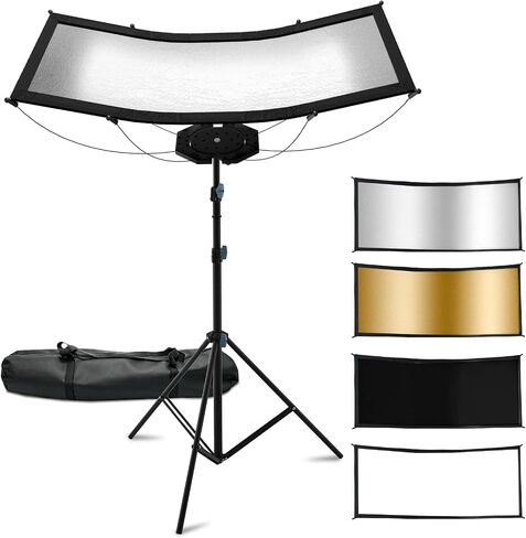 Photography Reflector with Stand, 59"x24" U-Shaped Light Reflector Kit | Quick-Open Curved Reflector with 4-in-1 Reflective Fabric Black/Gold/White/Silver, Storage Bag, for Portrait & Video Shooting in Kuwait