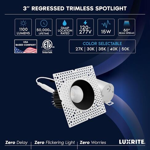 LUXRITE 3-Inch LED Trimless Recessed Spotlight with Black Reflector Trim Replacement 15W 1100LM 2700K-5000K, 60° Beam Angle, Dimmable, Push-n-Lock, CRI90, Damp & IC Rated, ETL White + Black (4 Pack) in Saudi Arabia