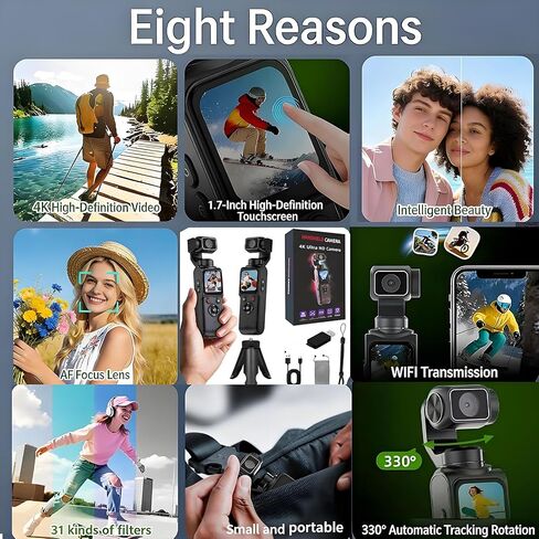 4K Handheld Camera with WiFi,Outdoor Pocket Gimbal Vlogging Camera,330° Rotating Lens Handheld Camcorder,64MP Fast Focusing Face Tracking,3-Axis Stabilizer for Vloggers and YouTube (WHITE-128G) in Kuwait