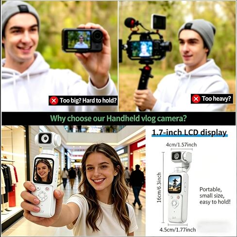 4K Handheld Camera with WiFi,Outdoor Pocket Gimbal Vlogging Camera,330° Rotating Lens Handheld Camcorder,64MP Fast Focusing Face Tracking,3-Axis Stabilizer for Vloggers and YouTube (WHITE-128G) in Kuwait