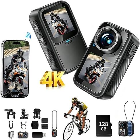 Motorcycle Camera with Stabilization & EIS,Chest Magnetic Action Camera with Dual Screen,Wearable Thumb Size Waterproof Body Cam,with Mount for Motorcycle/Bike,for Cycling,Outdoors Activities (128g) in Saudi Arabia
