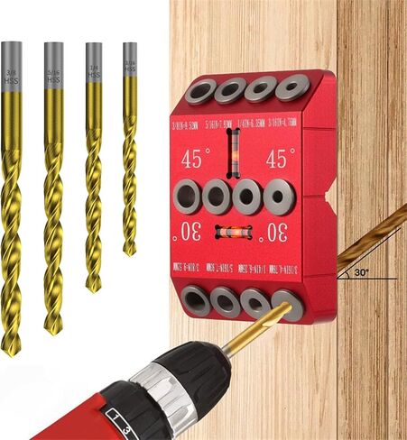 30 45 90 Degree Angle Drill Guide Jig for Hand Drill, Angle Drill Guide for Straight Holes and Angle Drilling, used for Stairs Handrails, Cable Railings, Decks, and Wood Posts Level design，with 4 Bits in Kuwait