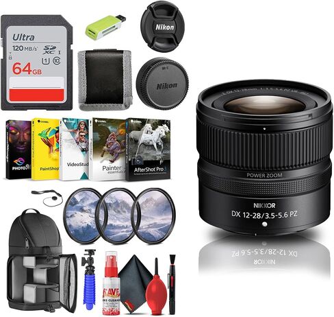 Nikon NIKKOR Z DX 12-28mm f/3.5-5.6 PZ VR Lens (20118) Bundle | For Z Series Cameras + 64GB Memory Card + Tripod + Filter Kit + Card Reader + More in Kuwait