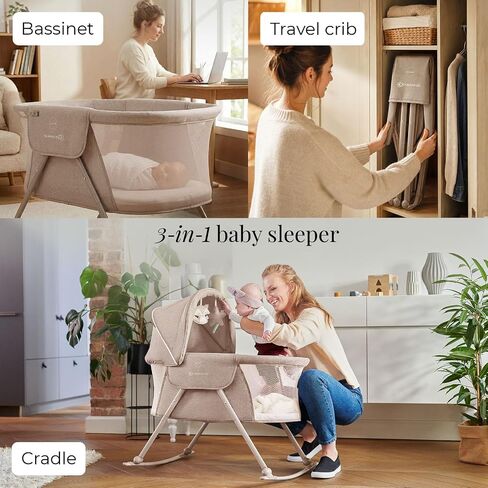 Kinderkraft LOVI Travel Bassinet for Baby, Portable Folding Baby Bed with Built-in Mosquito net, Adjustable Hood and an Additional Cradle Function, Beige in Kuwait