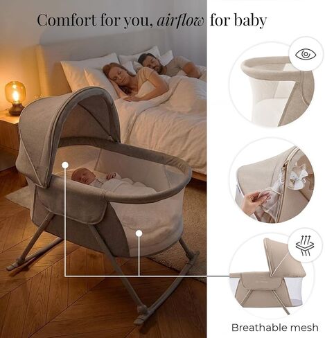 Kinderkraft LOVI Travel Bassinet for Baby, Portable Folding Baby Bed with Built-in Mosquito net, Adjustable Hood and an Additional Cradle Function, Beige in Kuwait