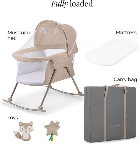 Kinderkraft LOVI Travel Bassinet for Baby, Portable Folding Baby Bed with Built-in Mosquito net, Adjustable Hood and an Additional Cradle Function, Beige in Kuwait