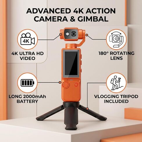 4K Handheld Action Camera, 2 Inch Screen 16x Zoom Auto Portable Vlog Camera with 180 Degree Rotating Lens and Tripod for Sports Life Record in Kuwait
