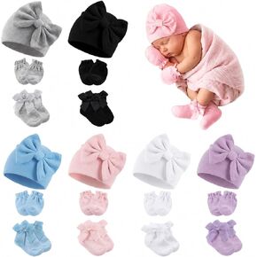 6 Pack Baby Girl Hats Mittens and Socks Set, Cotton Bow Beanies, No Scratch Infant Mittens, Stay-On Preemie Hospital Hat, NICU Newborn Gifts & Essentials (0-6 Months) in Kuwait