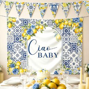 Capri Lemon Baby Shower Decor Ciao Baby Backdrop Blue Tile Lemon Banner | 5x4ft Italian Capri Lemon Baby Shower Backdrop Banner Mediterranean Themed Ciao Baby Baby Shower Decorations Party Supplies in Kuwait
