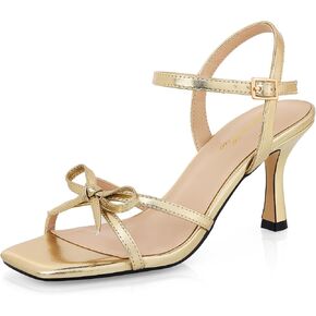 GENSHUO Women's Square Toe Strappy Heeled Sandals with Bow, Buckle Ankle Strap Slingback, 3 Inch Kitten Heel for Casual Party Wedding Vacation in Saudi Arabia