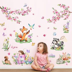 Supzopne Cherry Blossom Animals Wall Decals - Spring Forest Fox Raccoon Bunny Vinyl Stickers for Girls Kids Room Nursery Bedroom, Removable Peel and Stick Flower & Animal Wall Art Decor in Kuwait