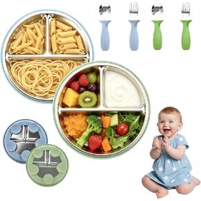 Stainless Steel Baby Feeding Set, BPA-Free Self-Feeding Utensils | 2 Pack Divided Plates + Silicone Fork & Spoon, Toddlers/Kids Self-Feeding, Transition Weaning Tableware for Boys Girls in Kuwait