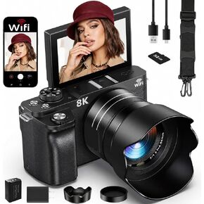 8K Digital Camera WiFi - 88MP Vlogging Cameras for Photography with 3" 180° Flip Screen 18X Zoom - UHD Video Camara for YouTube - Autofocus Travel Camera with Lens Hood, Memory Card, Flash in Kuwait