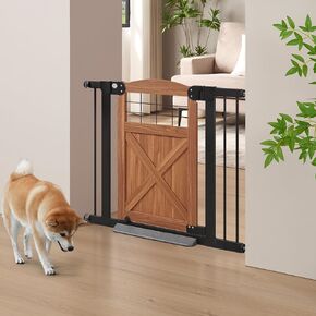 beeNbkks Farmhouse Barn Door Dog Gate, 30" Tall Anti-Trip Pet Barrier | No-Drill Pressure Mounted Pet Gate Fits 29"-40" Wide Openings, Featuring Wooden Walk-Through Door and Metal Frame in Kuwait