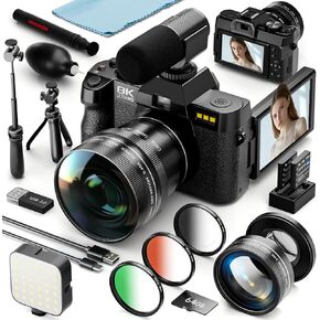 8K Digital Cameras for Photography, 64MP Vlogging Camera with 180°Flip Screen，2 Batteries, 64GB TF Card，16X Zoom, WiFi, 3 Color Filters,Microphone, Tripod, Wide & Macro Lens Kit in Kuwait