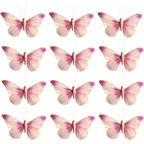 12PCS Pink Real Feather Butterfly Decorations with Clips, Sticks & Adhesive Dots, Handmade 3.9x2.4inch Cake Topper, Wall Decor, Hair Clip, Bouquet, Gift for Wedding Birthday Party in Saudi Arabia