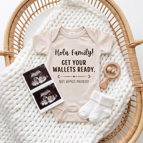 Hola Family Get Your Wallets Ready Baby Announcement Onesie, Spanish Pregnancy Announcement Infant Bodysuit in Kuwait