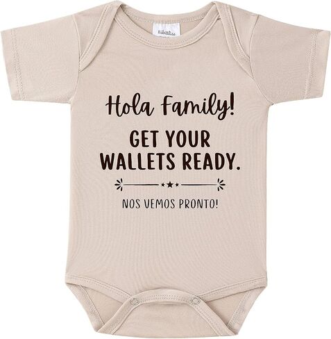 Hola Family Get Your Wallets Ready Baby Announcement Onesie, Spanish Pregnancy Announcement Infant Bodysuit in Kuwait
