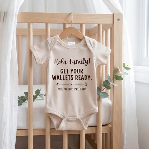 Hola Family Get Your Wallets Ready Baby Announcement Onesie, Spanish Pregnancy Announcement Infant Bodysuit in Kuwait