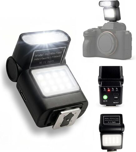 LOUERN Mini Camera Flash Speedlite with Video Light, GN8 On-Camera Flash, 4 Power Levels, 90 Angle Adjustable, Single-Contact Hot Shoe Flash for Sony/Canon/Nikon/Fuji/Pentax DSLR Mirrorless in Kuwait
