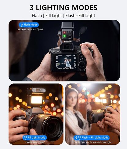 LOUERN Mini Camera Flash Speedlite with Video Light, GN8 On-Camera Flash, 4 Power Levels, 90 Angle Adjustable, Single-Contact Hot Shoe Flash for Sony/Canon/Nikon/Fuji/Pentax DSLR Mirrorless in Kuwait