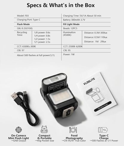 LOUERN Mini Camera Flash Speedlite with Video Light, GN8 On-Camera Flash, 4 Power Levels, 90 Angle Adjustable, Single-Contact Hot Shoe Flash for Sony/Canon/Nikon/Fuji/Pentax DSLR Mirrorless in Kuwait