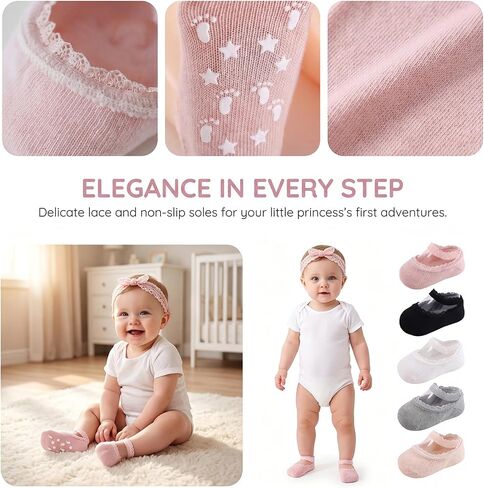 5 Pairs Baby Girls Lace Socks Newborn Soft Cotton Princess Mary Jane Dress Socks Infant Toddler Non Slip Socks in Saudi Arabia