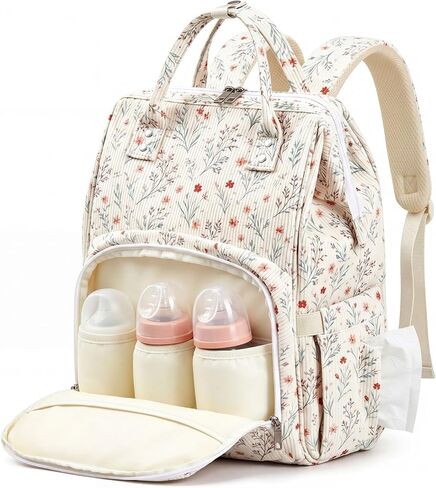 Blue Corduroy Floral Diaper Bag Backpack for Mom Large Capacity Multifunction Travel Backpack for Women, Cute Diaper Bag in Kuwait