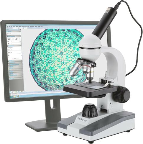 AmScope USB2.0 Digital Camera + Student Science Biological Compound Microscope | 40X-400X Magnification Range 0.3MP CMOS Sensor USB 2.0 Connectivity Compound Biological Microscope Built-In LED in Kuwait