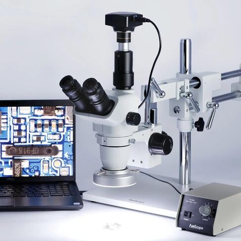 AmScope ZM-4TNW3-80AM-5M Digital Professional Trinocular Stereo Zoom | 2X-225X Magnification Range 5MP CMOS Sensor USB 2.0 Connectivity 0.5X Reduction Lens Included 80 LED Ring Light in Kuwait