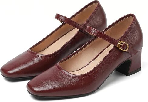 Womens Genuine Leather Mary Jane Pumps Square Toe Buckle Strap Casual Chunky Heel Dress Shoes for Women US Size in Kuwait