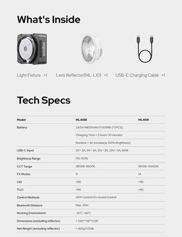 GODOX ML40R RGB LED Video Light,1800K-10000K Full Color LED Lighting,Support CCT/HSI 14 FX Mode,CRI≈95 TLCI≈95 Continuous Light with App Control in Kuwait