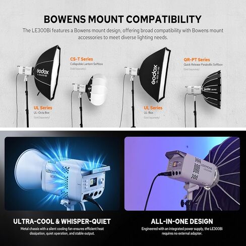 Godox Litemons LE300Bi Bi-Color COB LED Video Light 320W, 58900 Lux@1m, Professional COB LED Continuous Output Lighting w/Bowens Mount, CRI/TLCI 98+, Ultra-Quiet Studio Video Light, APP DMX Control in Kuwait