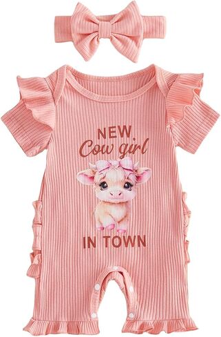 Western Baby Girl Fall Outfits New cowgirl In Town Jumpsuit with Headband | newborn girl western Romper,baby girl cowgiirl outfit,ruffles sleeve crew neck ribbed ,coming home hopsital baby shower in Kuwait