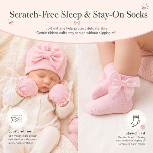 6 Pack Baby Girl Hats Mittens and Socks Set, Cotton Bow Beanies, No Scratch Infant Mittens, Stay-On Preemie Hospital Hat, NICU Newborn Gifts & Essentials (0-6 Months) in Kuwait