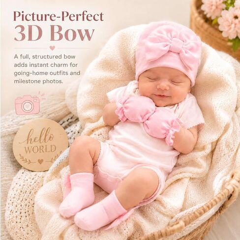 6 Pack Baby Girl Hats Mittens and Socks Set, Cotton Bow Beanies, No Scratch Infant Mittens, Stay-On Preemie Hospital Hat, NICU Newborn Gifts & Essentials (0-6 Months) in Kuwait