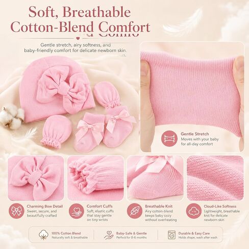 6 Pack Baby Girl Hats Mittens and Socks Set, Cotton Bow Beanies, No Scratch Infant Mittens, Stay-On Preemie Hospital Hat, NICU Newborn Gifts & Essentials (0-6 Months) in Kuwait