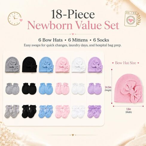 6 Pack Baby Girl Hats Mittens and Socks Set, Cotton Bow Beanies, No Scratch Infant Mittens, Stay-On Preemie Hospital Hat, NICU Newborn Gifts & Essentials (0-6 Months) in Kuwait