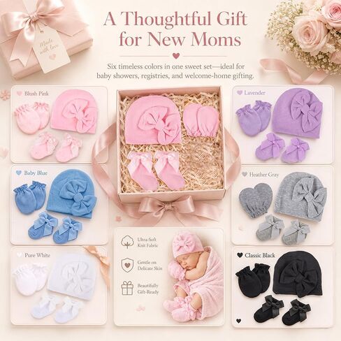 6 Pack Baby Girl Hats Mittens and Socks Set, Cotton Bow Beanies, No Scratch Infant Mittens, Stay-On Preemie Hospital Hat, NICU Newborn Gifts & Essentials (0-6 Months) in Kuwait