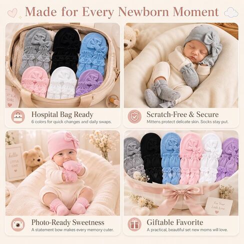 6 Pack Baby Girl Hats Mittens and Socks Set, Cotton Bow Beanies, No Scratch Infant Mittens, Stay-On Preemie Hospital Hat, NICU Newborn Gifts & Essentials (0-6 Months) in Kuwait