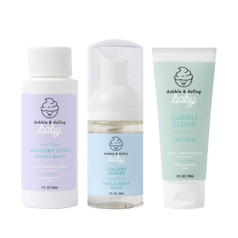Dabble & Dollop Baby Minis Kit – Fragrance-Free, Tear-Free Shampoo & Body Wash, Bubble Bath and All Over Lotion, Travel Size Baby Toiletries or Gift Set for Newborns & Sensitive Skin in Kuwait