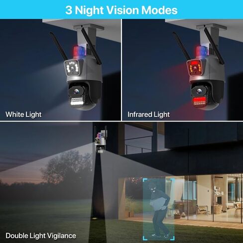 ICSEE WIFI Camera Security 3K 6MP Dual Lens Wireless PTZ Waterproof Human Detection CCTV With Warning Flashing Light, Alexa Supported (Dual Lens Black 6MP) in Kuwait