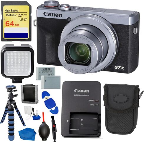 SSE Canon PowerShot G7 X Mark III Digital Camera Bundle (Silver) - Includes: 64GB Extreme Memory Card, LED Light Kit & Much More (17pc Bundle) (Renewed) in Kuwait