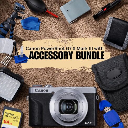 SSE Canon PowerShot G7 X Mark III Digital Camera Bundle (Silver) - Includes: 64GB Extreme Memory Card, LED Light Kit & Much More (17pc Bundle) (Renewed) in Kuwait