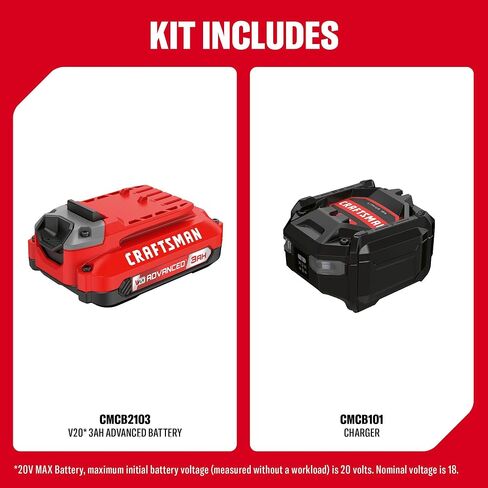 CRAFTSMAN V20 3 Ah Advanced Battery Starter Kit, Includes V20 Battery and Charger (CMCB2103-CK) in Kuwait