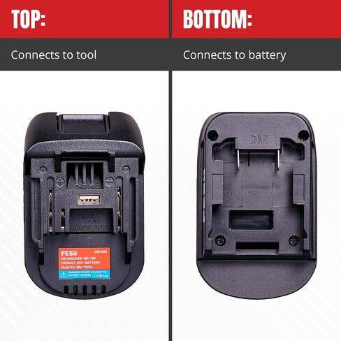 FESA DeWalt/Milwaukee to Makita Compatible Battery Adapter | Convert 18V Milwaukee/20V Dewalt Batteries to Use with Makita 18V Power Tools - 1 USB Type-A Charging Port (DM18M) in Kuwait