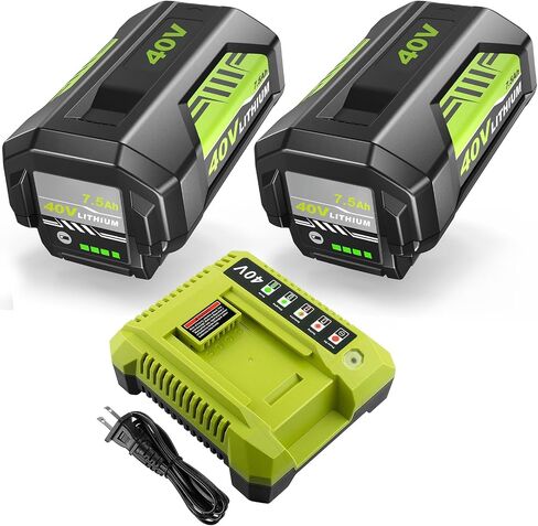 2 Pack 7.5Ah High Capacity Replacement for Ryobi 40V Battery and Charger | Compatible with Ryobi 40 Volt Battery OP40602 OP40401 OP4026 OP40261 OP4050 OP40601 OP4030 Compatible with 40V Cordless Tool in Kuwait